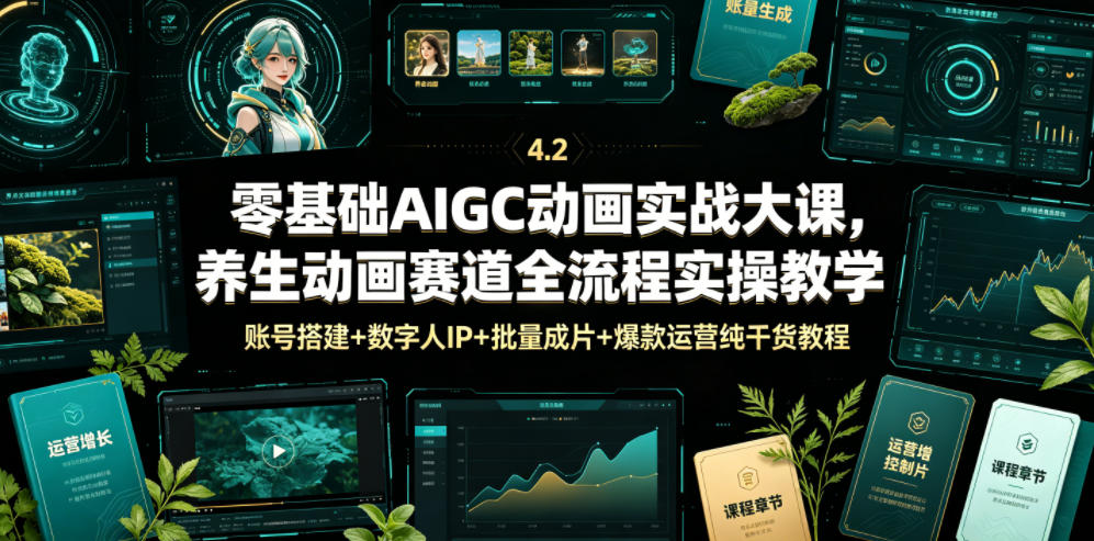 零基础AIGC动画实战大课，养生动画赛道全流程实操教学，账号搭建+数字人IP+批量成片+爆款运营纯干货教程-点子口袋网