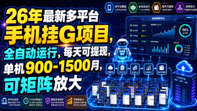 26年最新多平台手机挂G项目，全自动运行，每天可提现，单机900-1500月，可矩阵放大【揭秘】-点子口袋网