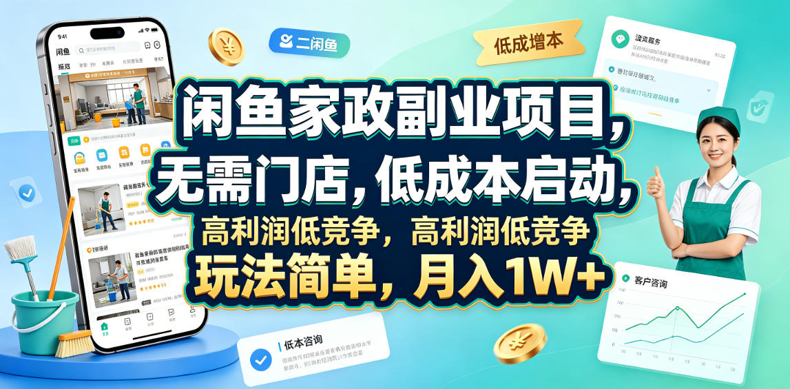 闲鱼家政副业项目，无需门店，低成本启动，高利润低竞争，玩法简单，月入1W+-点子口袋网