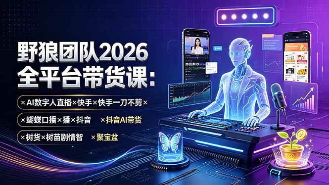 （19511期）野狼团队2026全平台带货课-7月：AI数字人直播×快手一刀不剪×蝴蝶口播×抖音AI带货×树苗剧情智剪×聚宝盆-点子口袋网