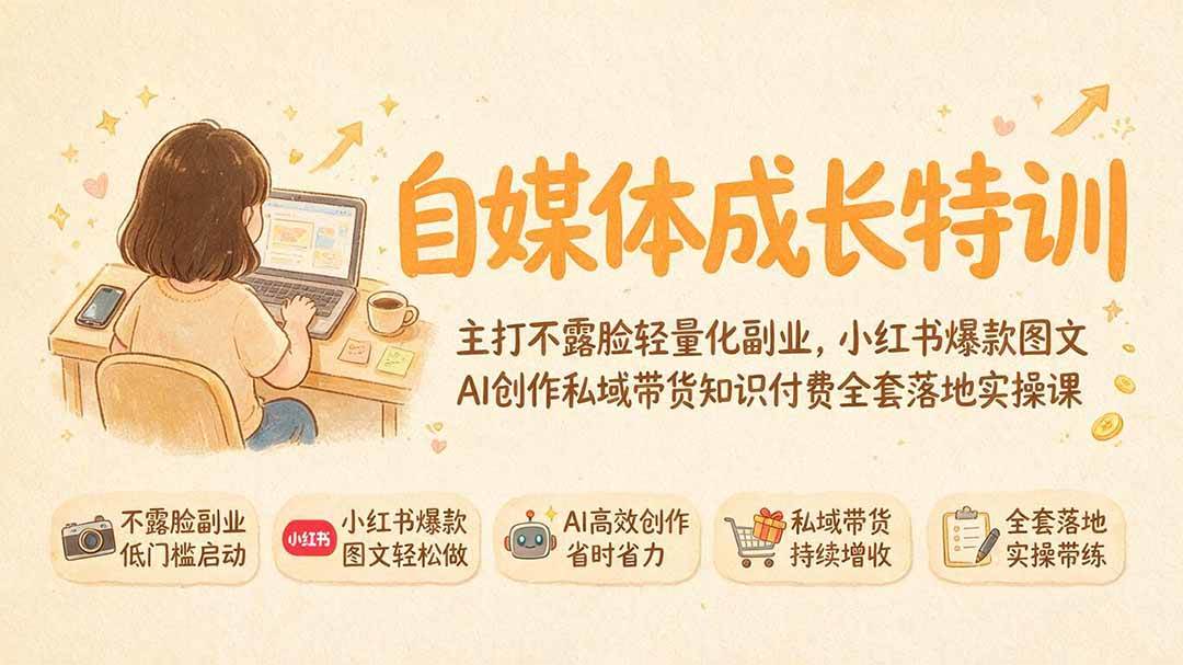 （19584期）自媒体成长特训｜主打不露脸轻量化副业，小红书爆款图文AI创作私域带货知识付费全套落地实操课-点子口袋网