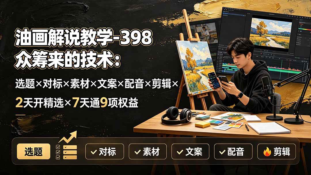 （19587期）油画解说教学-398众筹来的技术-刯新：选题×对标×素材×文案×配音×剪辑×2天开精选×7天通9项权益-点子口袋网