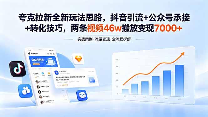 夸克拉新全新玩法思路，抖音引流+公众号承接+转化技巧，两条视频46w搬放 变现7000+-点子口袋网