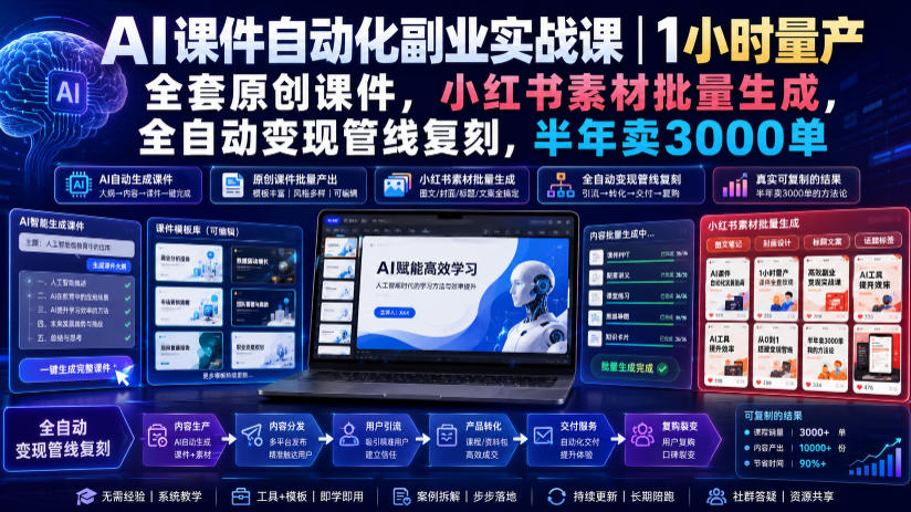 AI课件自动化副业实战课｜1小时量产全套原创课件，小红书素材批量生成，全自动变现管线复刻，半年卖3000单-点子口袋网