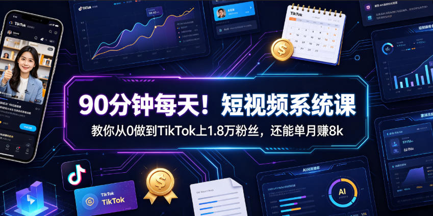 90分钟每天！短视频系统课教你从0做到TikTok上1.8万粉丝，还能单月賺8k【原创双语字幕】-点子口袋网