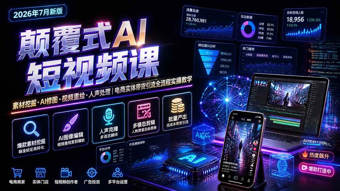 （19630期）颠覆式AI短视频课｜素材挖掘，AI修图，视频重绘，人声处理｜电商实体带货引流全流程实操教学-点子口袋网
