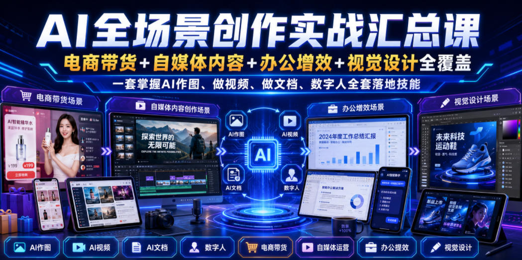 AI全场景创作实战汇总课｜电商带货+自媒体内容+办公增效+视觉设计全覆盖，一套掌握AI作图、做视频、做文档、数字人全套落地技能-点子口袋网