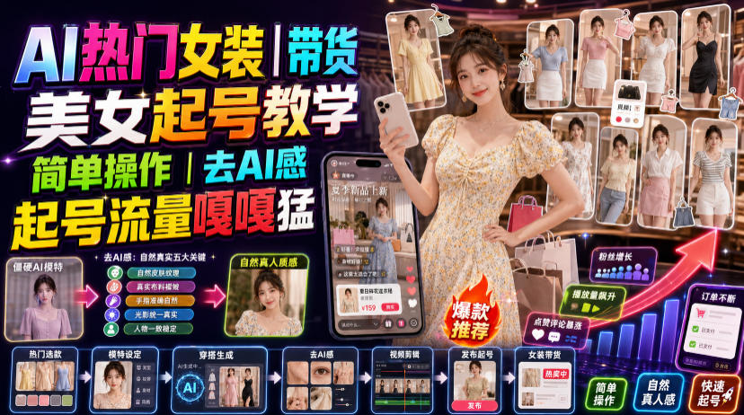 AI热门女装带货丨美女起号教学，简单操作，去AI感，起号流量嘎嘎猛-点子口袋网