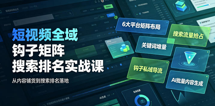 短视频全域钩子矩阵搜索排名实战课｜6大平台矩阵布局、关键词堆量抢占搜索流量、钩子私域导流、AI批量内容生成-点子口袋网