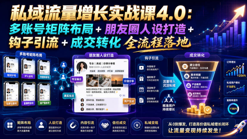私域流量增长实战课4.0：多账号矩阵布局+朋友圈人设打造+钩子引流+成交转化全流程落地-点子口袋网