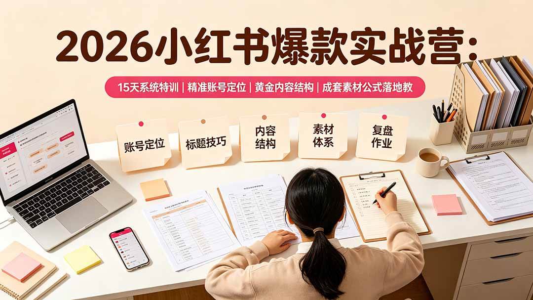 （19332期）2026小红书爆款实战营：15天系统特训｜精准账号定位｜黄金内容结构｜成套素材公式落地教程-点子口袋网