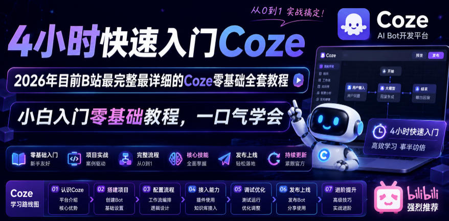 4小时快速入门Coze！2026年目前B站最完整最详细的Coze零基础全套教程，小白入门零基础教程，一口气学会！-点子口袋网
