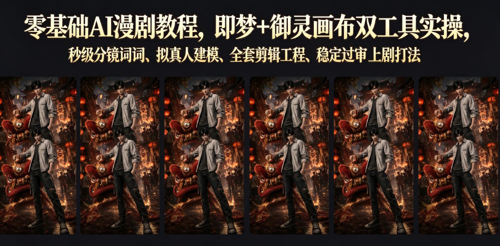 零基础AI漫剧教程，即梦+御灵画布双工具实操，秒级分镜提示词、拟真人建模、全套剪辑工程、稳定过审上剧打法-点子口袋网