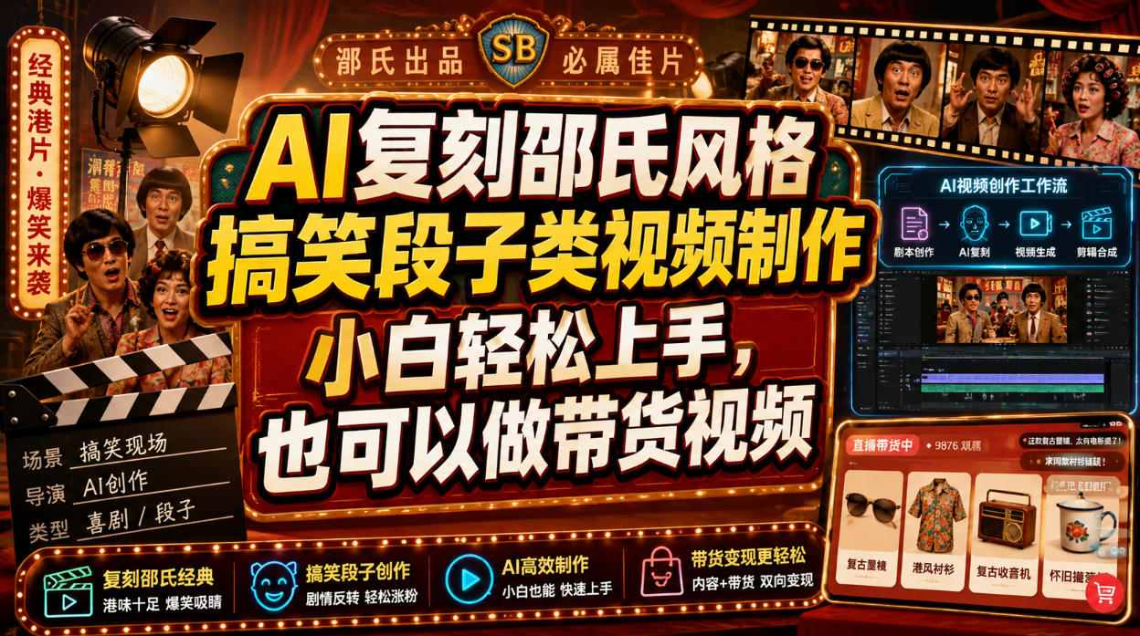 AI复刻邵氏风格搞笑段子类视频制作，小白轻松上手，也可以做带货视频-点子口袋网