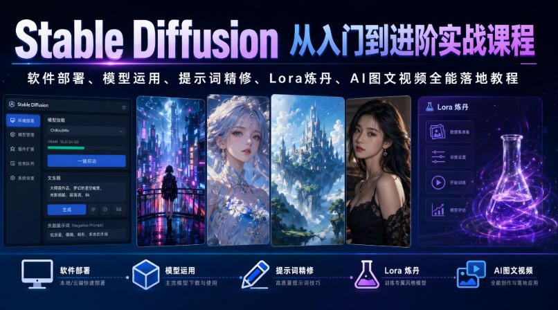 Stable Diffusion从入门到进阶实战课程｜软件部署、模型运用、提示词精修、Lora炼丹、AI图文视频全能落地教程-点子口袋网