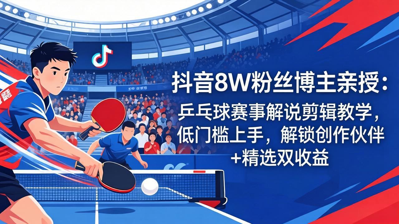 抖音8W粉丝博主亲授：乒乓球赛事解说剪辑教学，低门槛上手，解锁创作伙伴+精选双收益-点子口袋网