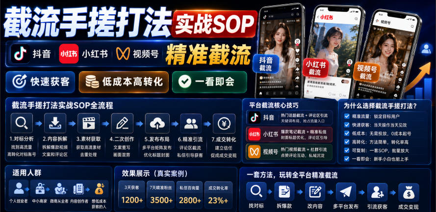 截流手搓打法实战SOP，抖音小红书视频号精准截流，快速获客，低成本高转化，一看即会-点子口袋网