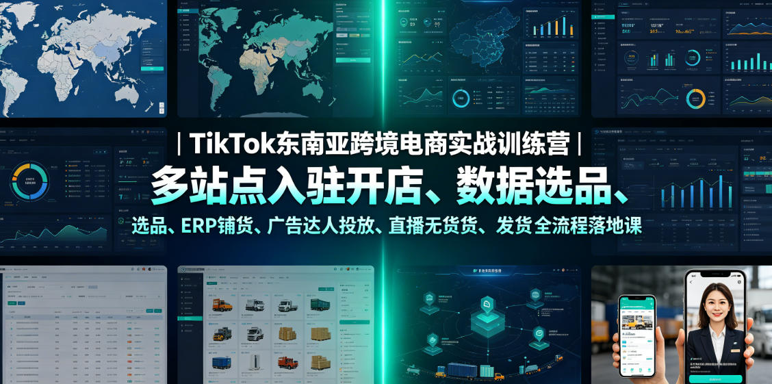 TikTok东南亚跨境电商实战训练营｜多站点入驻开店、数据选品、ERP铺货、广告达人投放、直播无货源发货全流程落地课-点子口袋网