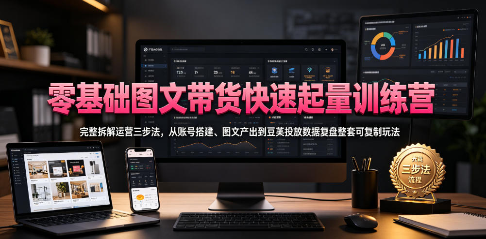 零基础图文带货快速起量训练营，完整拆解运营三步法，从账号搭建、图文产出到豆荚投放数据复盘整套可复制玩法-点子口袋网