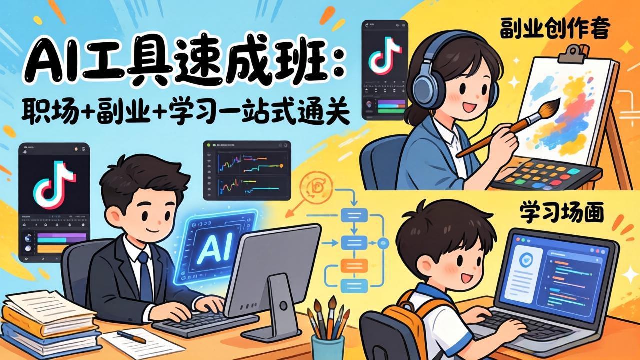 AI工具速成班：职场+副业+学习一站式通关，20+爆款类型+剪映技巧+抖音算法，0基础快速上手-点子口袋网