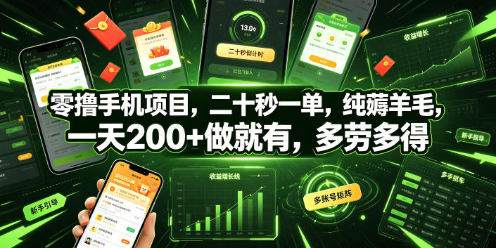 零撸手机项目，二十秒一单，纯薅羊毛，一天200+做就有，多劳多得【揭秘】-点子口袋网