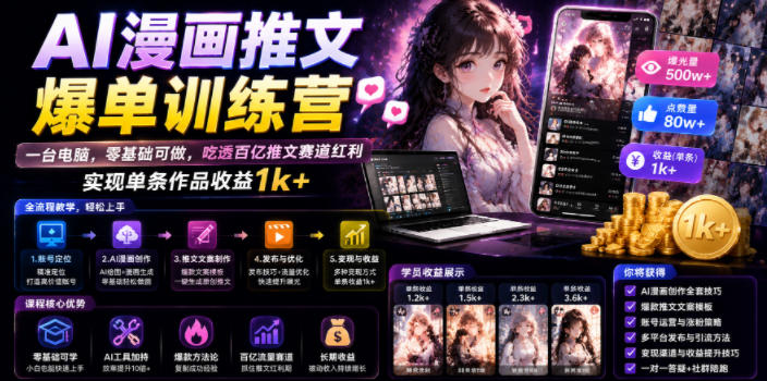AI漫画推文爆单训练营，一台电脑，零基础可做，吃透百亿推文赛道红利，实现单条作品收益1k+-点子口袋网