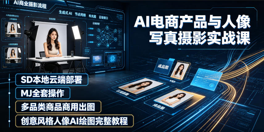 AI电商产品与人像写真摄影实战课｜SD本地云端部署、MJ全套操作、多品类商品商用出图、创意风格人像AI绘图完整教程-点子口袋网