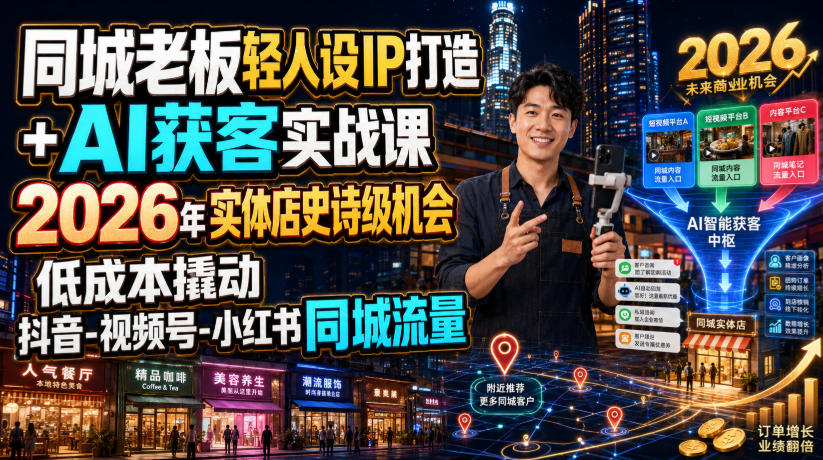 同城老板轻人设IP打造+AI获客实战课，2026年实体店史诗级机会，低成本撬动抖音-视频号-小红书同城流量-点子口袋网