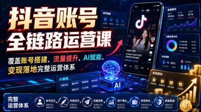 抖音账号全链路运营课，覆盖账号搭建、流量提升、AI赋能、变现落地完整运营体系-点子口袋网
