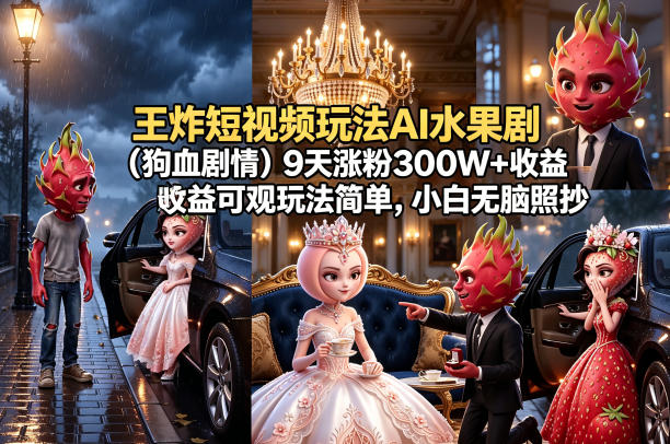 王炸短视频玩法AI水果剧(狗血剧情)9天涨粉300W+收益可观玩法简单，小白无脑照抄，详细拆解玩法-点子口袋网