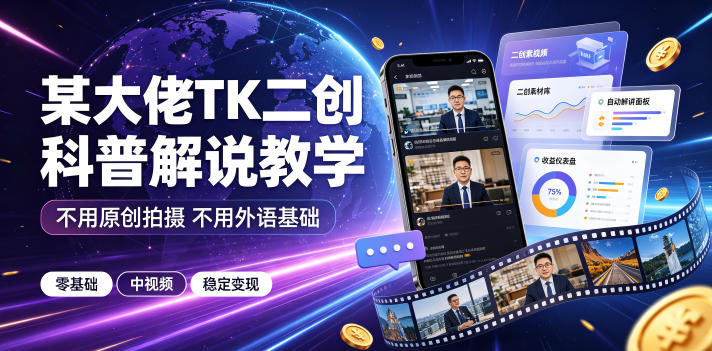 某大佬TK二创科普解说教学，不用原创拍摄不用外语基础，零基础做TikTok中视频稳定变现-点子口袋网