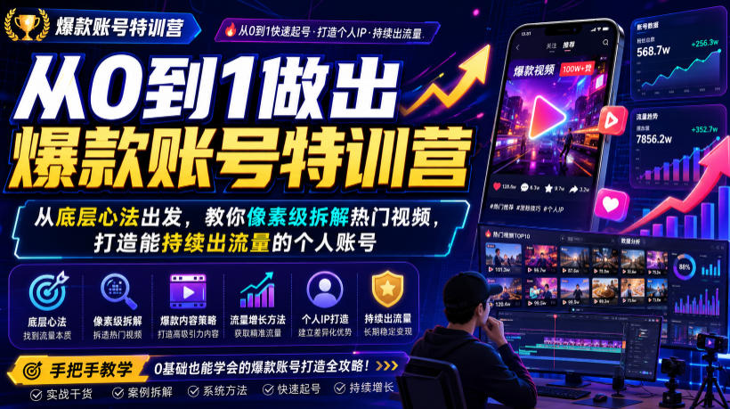从0到1做出爆款账号特训营，从底层心法出发，教你像素级拆解热门视频，打造能持续出流量的个人账号-点子口袋网