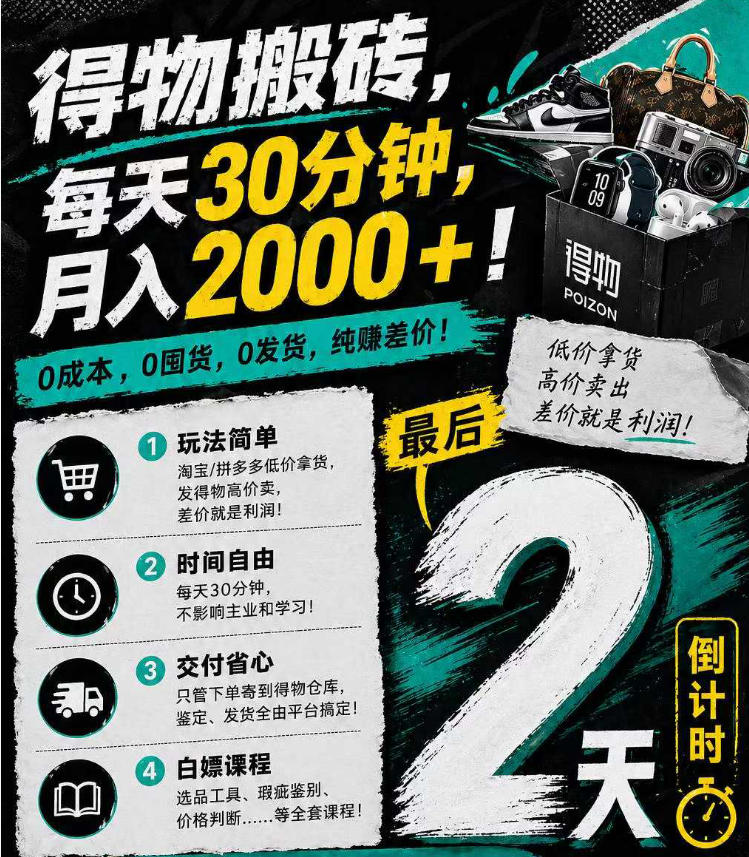 得物搬砖，0成本起步每天30分钟，月入2000+，0成本，0囤货，0发货，纯賺差价-点子口袋网