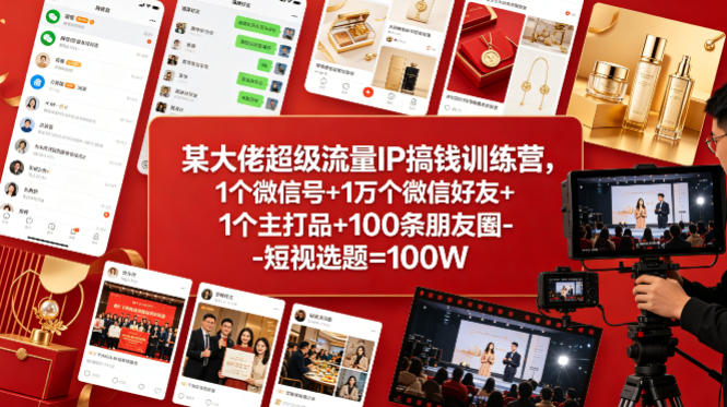 某大佬超级流量IP搞钱训练营，1个微信号+1万个微信好友+1个主打品+100条朋友圈-短视选题=100W-点子口袋网