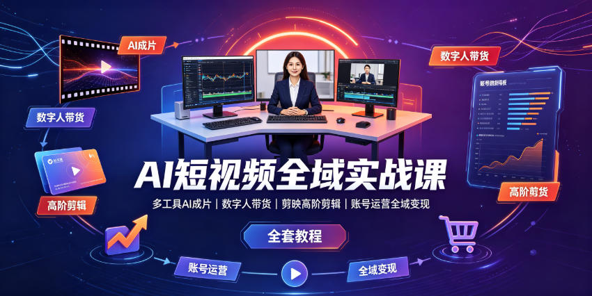AI短视频全域实战课｜多工具AI成片、数字人带货、剪映高阶剪辑、账号运营全域变现全套教程-点子口袋网
