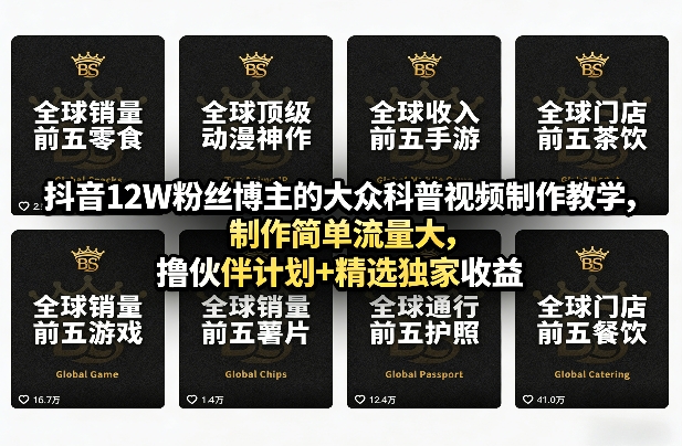 抖音12W粉丝博主的大众科普视频制作教学，制作简单流量大，撸伙伴计划+精选独家收益-点子口袋网