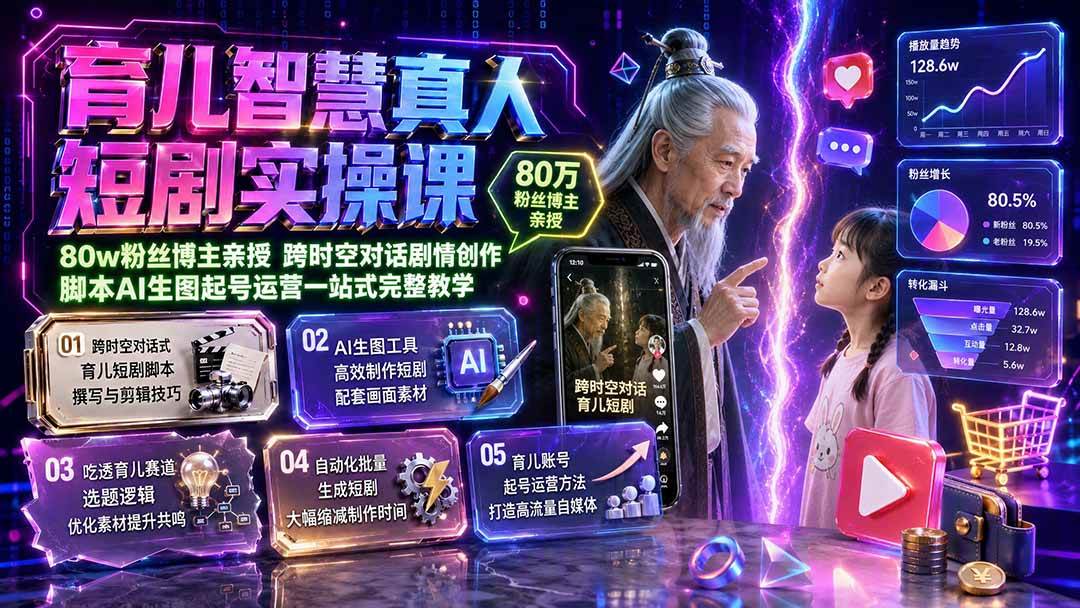 （19663期）育儿智慧真人短剧实操课｜80w粉丝博主亲授，跨时空对话剧情创作，脚本AI生图起号运营一站式完整教学-点子口袋网