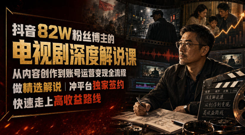 抖音82W粉丝博主的电视剧深度解说课，从内容创作到账号运营变现全流程，做精选解说，冲平台独家签约，快速走上高收益路线-点子口袋网