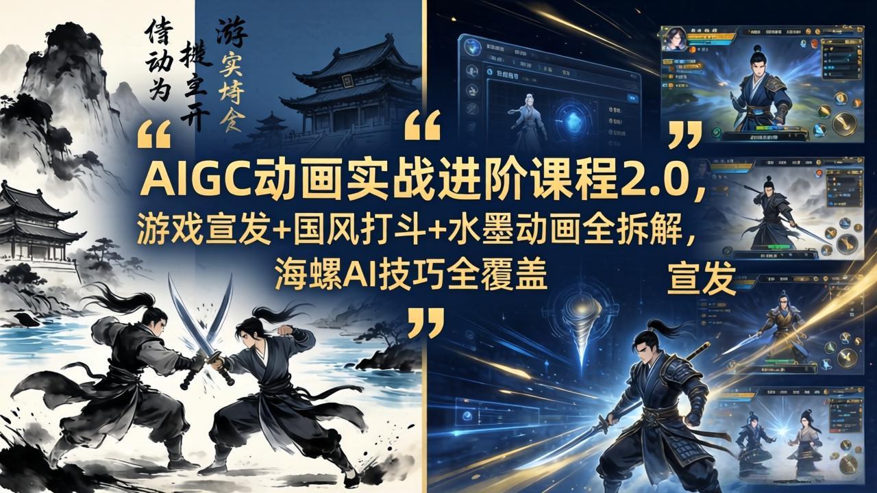 AIGC动画实战进阶课程2.0，游戏宣发+国风打斗+水墨动画全拆解，海螺AI技巧全覆盖-点子口袋网