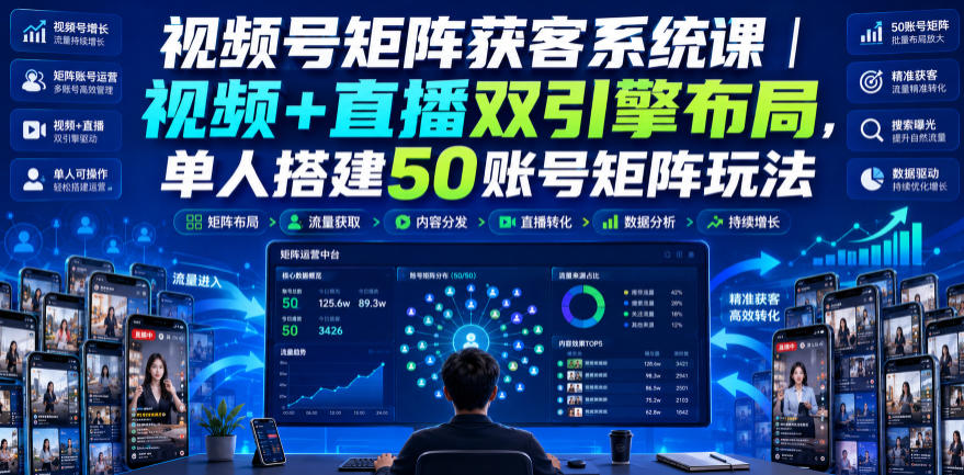 视频号矩阵获客系统课｜视频+直播双引擎布局，单人搭建50账号矩阵玩法，流量入池、搜索占位、全域引流沉淀私域全流程教学-点子口袋网