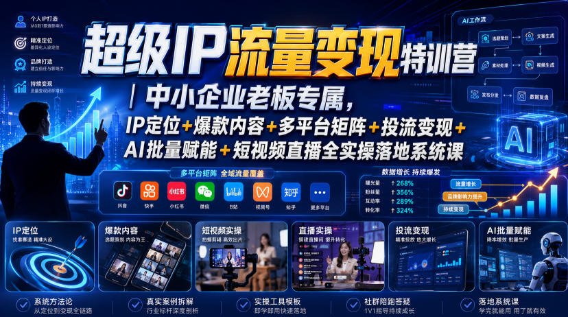 超级IP流量变现特训营｜中小企业老板专属，IP定位+爆款内容+多平台矩阵+投流变现+AI批量赋能+短视频直播全实操落地系统课-点子口袋网