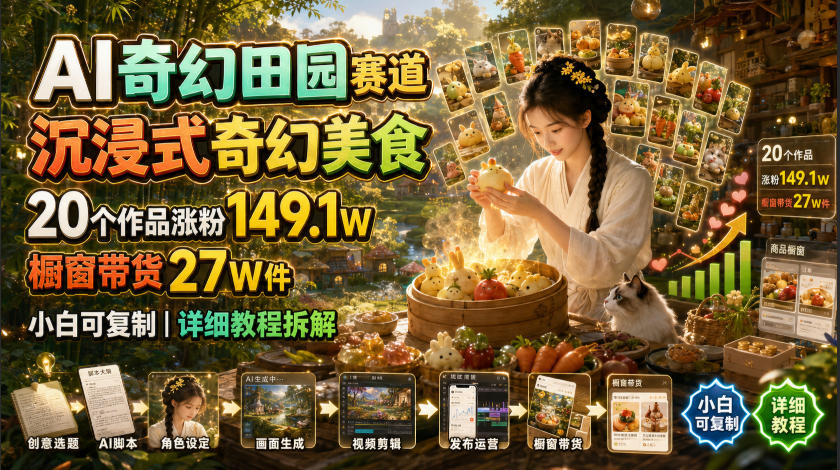 AI奇幻田园赛道，沉浸式奇幻美食，20个作品涨粉149.1W，橱窗带货27W件，小白可复制，详细教程拆解-点子口袋网