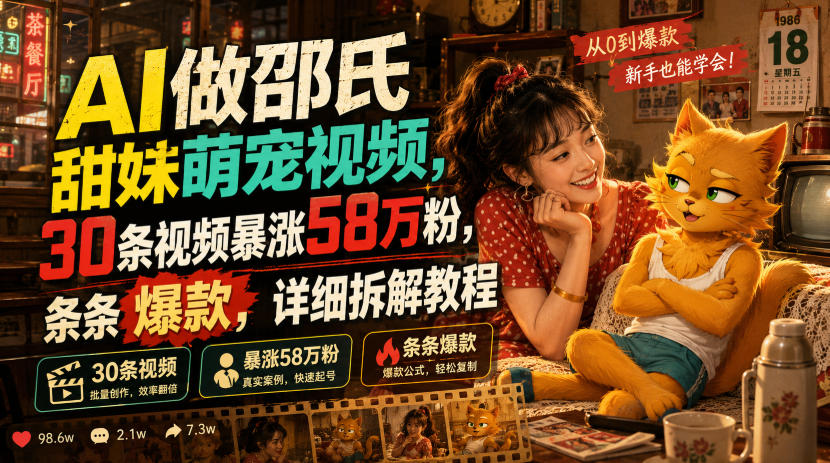 AI做邵氏甜妹萌宠视频，30条视频暴涨58万粉，条条爆款，详细拆解教程-点子口袋网