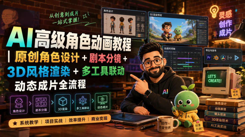 AI高级角色动画教程｜原创角色设计+剧本分镜+3D风格渲染+多工具联动动态成片全流程【中英字幕】-点子口袋网