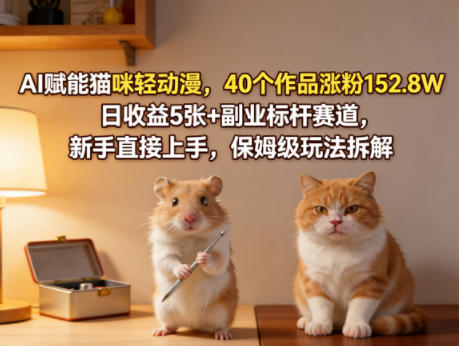 AI赋能猫咪轻动漫，40个作品涨粉152.8W，日收益5张+副业标杆赛道，新手直接上手，保姆级玩法拆解-点子口袋网