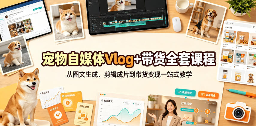 宠物自媒体Vlog+带货全套课程｜从图文生成、剪辑成片到带货变现一站式教学-点子口袋网