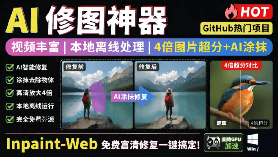 本地离线处理，4倍图片超分+AI涂抹去水印！Github上热门神器，免费高清修复图一键搞定！Inpaint-Web-点子口袋网