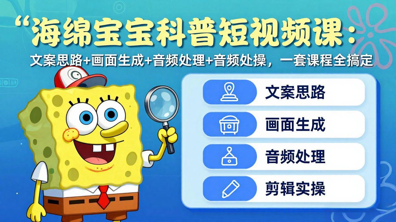 海绵宝宝科普短视频课：文案思路+画面生成+音频处理+剪辑实操，一套课程全搞定-点子口袋网