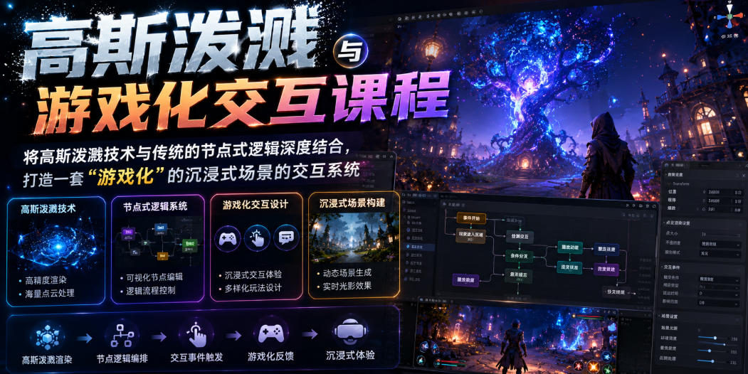 高斯泼溅与游戏化交互课程，将高斯泼溅技术与传统的节点式逻辑深度结合，打造一套“游戏化”的沉浸式场景的交互系统-点子口袋网