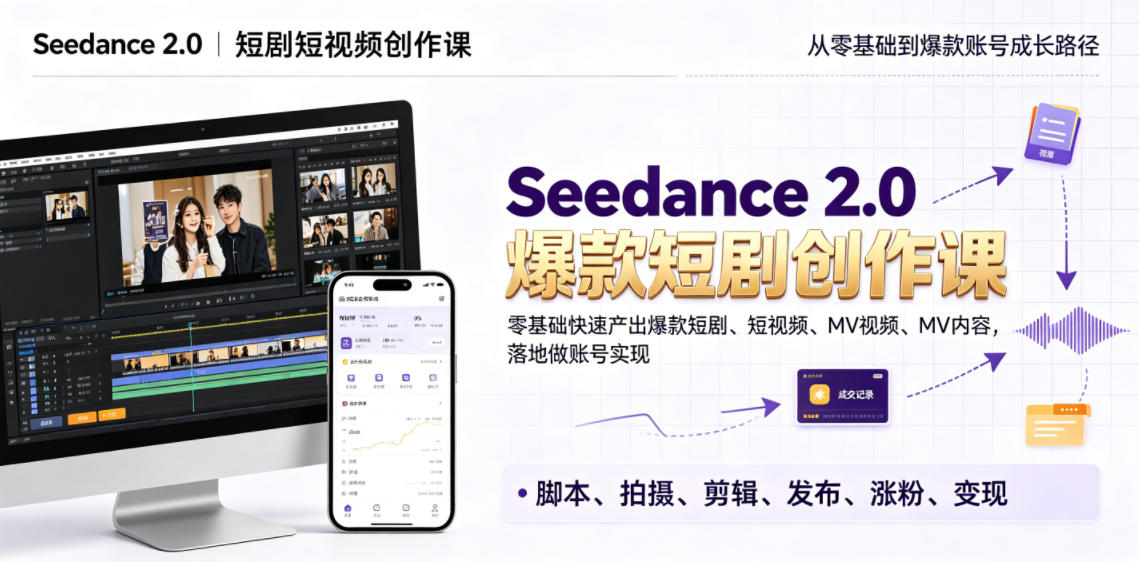 Seedance 2.0短剧短视频创作课，零基础快速产出爆款短剧、短视频、MV内容，落地做账号实现变现-点子口袋网